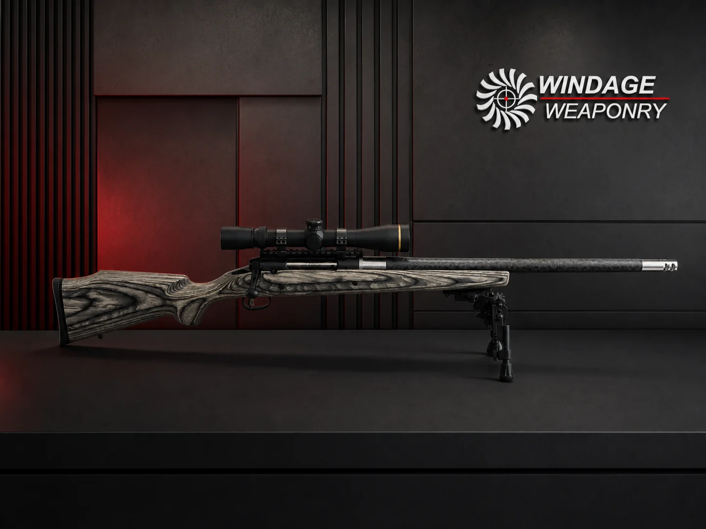 Custom long-range rifle displayed in the Windage Weaponry studio