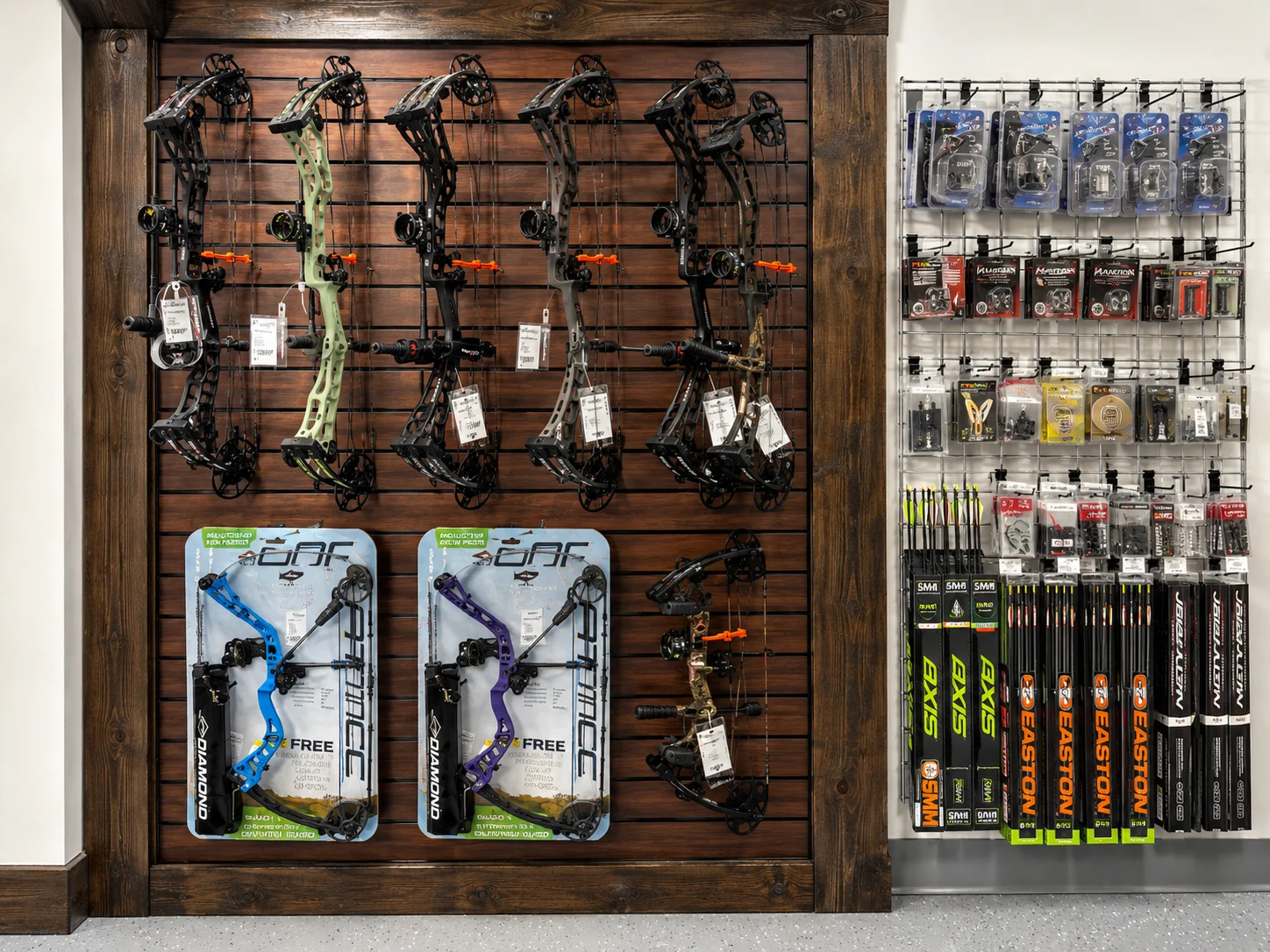 Compound bows and archery accessories on display at Windage Weaponry