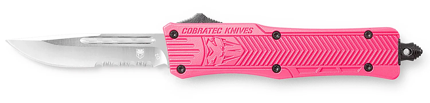 CobraTec Knives SPKCTK1SDS CTK-1 Small 2.75" OTF Drop Point Part Serrated D2 Steel Blade/ Pink Aluminum Handle Features Glass Breaker Includes Pocket Clip