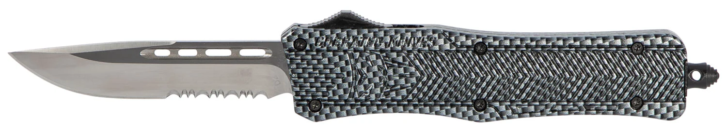 CobraTec Knives MSCFTK1MDS CTK-1 Medium 3" OTF Drop Point Part Serrated D2 Steel Blade/ Carbon Fiber Aluminum Handle Features Glass Breaker Includes Pocket Clip
