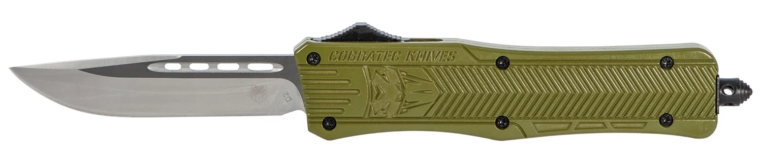 CobraTec Knives MODCTK1MDNS CTK-1 Medium 3" OTF Drop Point Plain D2 Steel Blade/OD Green Aluminum Handle Features Glass Breaker Includes Pocket Clip