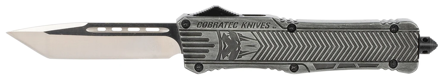CobraTec Knives LSWCTK1LTNS CTK-1 Large 3.75" OTF Tanto Plain D2 Steel Blade/Stonewashed Aluminum Handle Features Glass Breaker Includes Pocket Clip