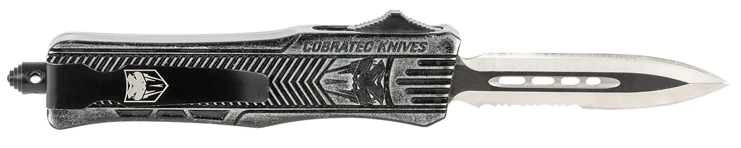 CobraTec Knives SSWCTK1SDAG1SS CTK-1 Small 2.75" OTF Dagger Part Serrated D2 Steel Blade/ Stonewashed Aluminum Handle Features Glass Breaker Includes Pocket Clip