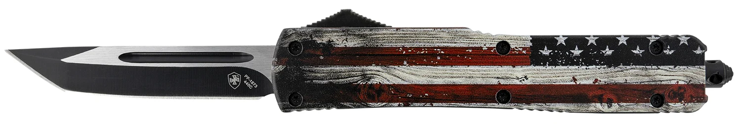 Templar Knife MWUS231 Gen II Wood US Flag Slim 3.43" OTF Tanto Plain Black Oxide Stonewashed 440C SS Blade, 5.05" Painted Wood Grain US Flag Aluminum Handle, Glass Breaker