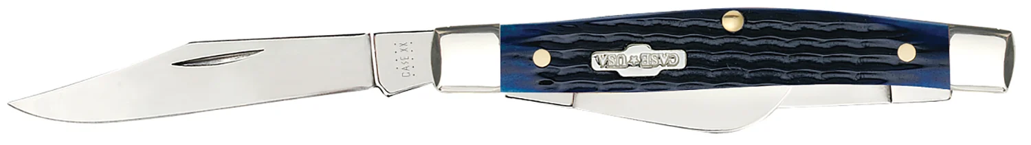 Case 02806 Stockman Medium 2.42"/1.58"/1.57" Folding Clip/Sheepsfoot/Pen Plain Mirror Polished Tru-Sharp SS Blade/Rogers Corn Cob Jigged Blue Bone Handle