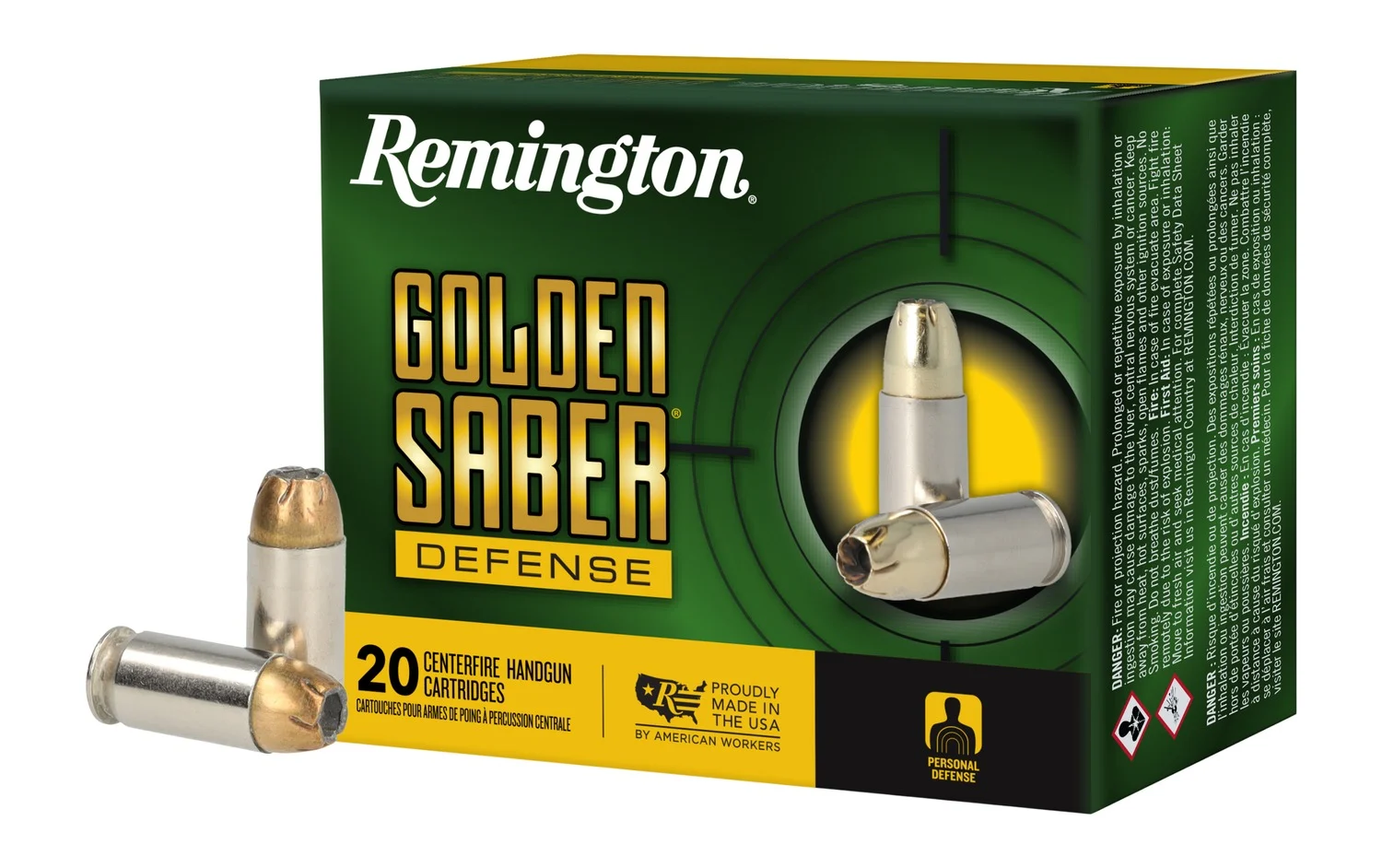 Remington Ammunition 27609 Golden Saber Defense 45ACP 185gr Brass Jacketed Hollow Point 20 Per Box/25 Case