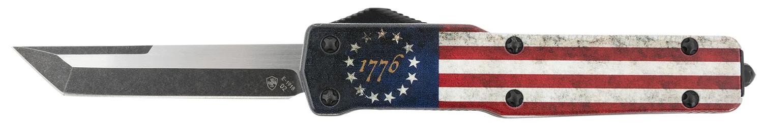 Templar Knife MZBRF221 Premium Weighted Betsy Ross Flag Slim 3.16" OTF Tanto Plain Black Oxide Stonewashed D2 Steel Blade, 4.93" Betsy Ross Flag Aluminum Zinc Alloy Handle