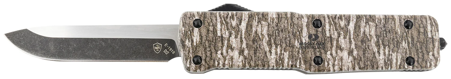 Templar Knife LZMOB321 Premium Weighted Large 3.55" OTF Drop Point Plain Black Oxide Stonewashed D2 Steel Blade, 5.25" Mossy Oak Bottomland Aluminum Zinc Alloy Handle