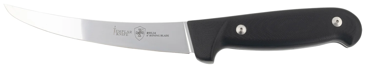 Templar Knife K6BBK362 Boning 6" Fixed Plain Damasteel Blade, 5" Black G10 Handle