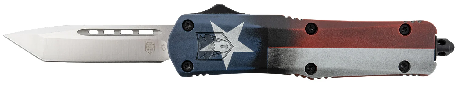 CobraTec Knives MCTXFS3TNS FS-3 Texas Flag Medium 3" OTF Tanto Plain Satin D2 Steel Blade, 5" Texas Flag Aluminum Cerakoted Handle
