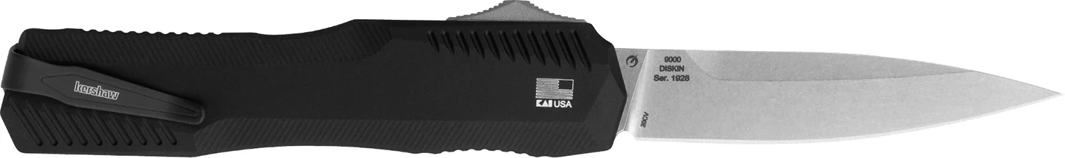 Kershaw 9000 Livewire 3.30" OTF Spear Point Plain Stonewashed CPM 20V SS Blade/ Textured Black Anodized Aluminum Handle Includes Pocket Clip