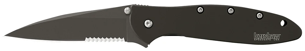 Kershaw 1660CKTST Leek 3" Folding Modified Drop Point Part Serrated Black DLC 14C28N Steel Blade Black DLC 410 Stainless Steel Handle Includes Pocket Clip