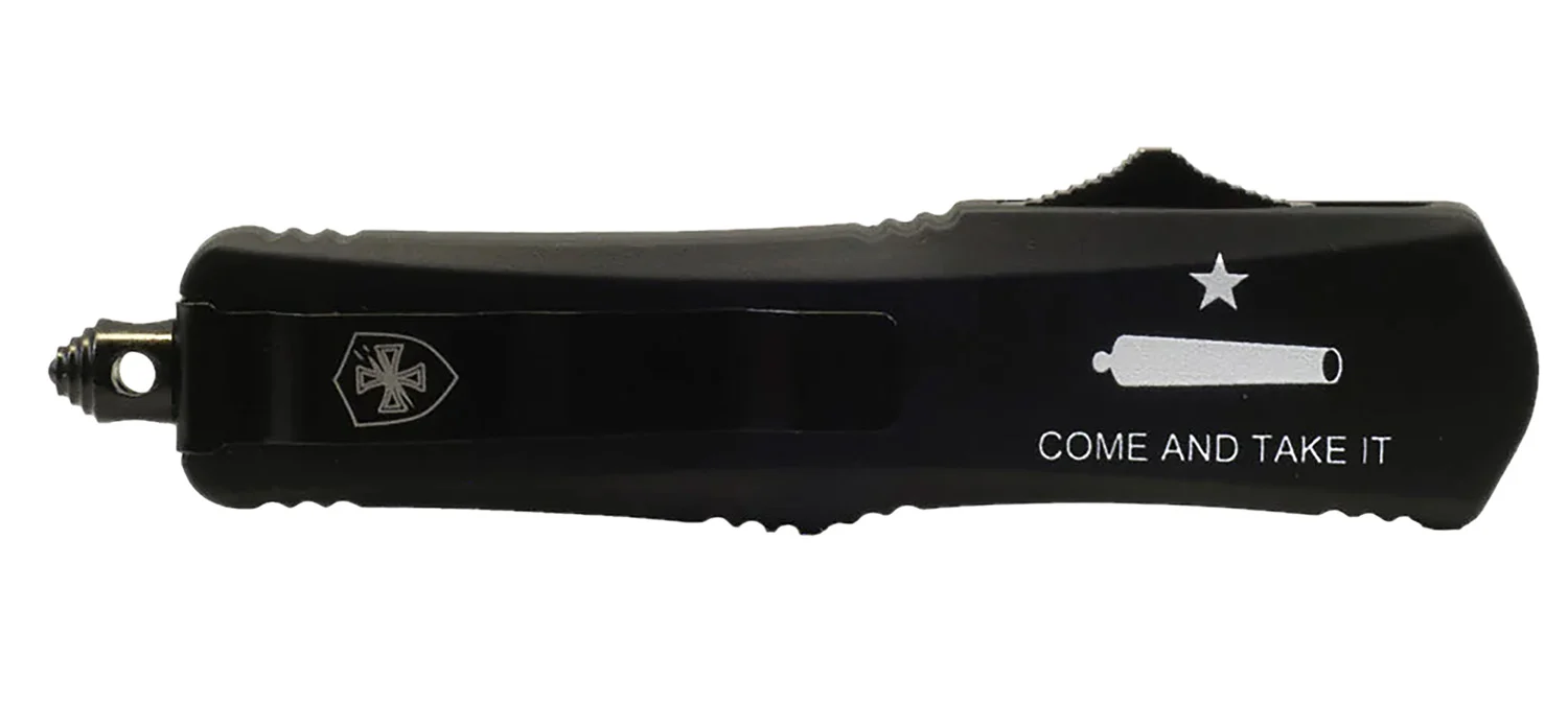 Templar Knife LCATII531 Gen II Come And Take It Small 2.69" OTF Tanto Part Serrated Black Oxide 440C SS Blade, 4.31" Black "Come And Take It" w/Cannon Aluminum Handle, Glass Breaker