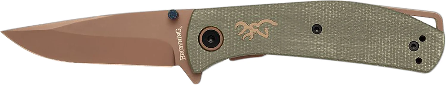 Browning 3220516 Trailside EDC Small 3" Folding Modified Drop Point Plain Titanium Finish D2 Steel Blade, Green Micarta Handle