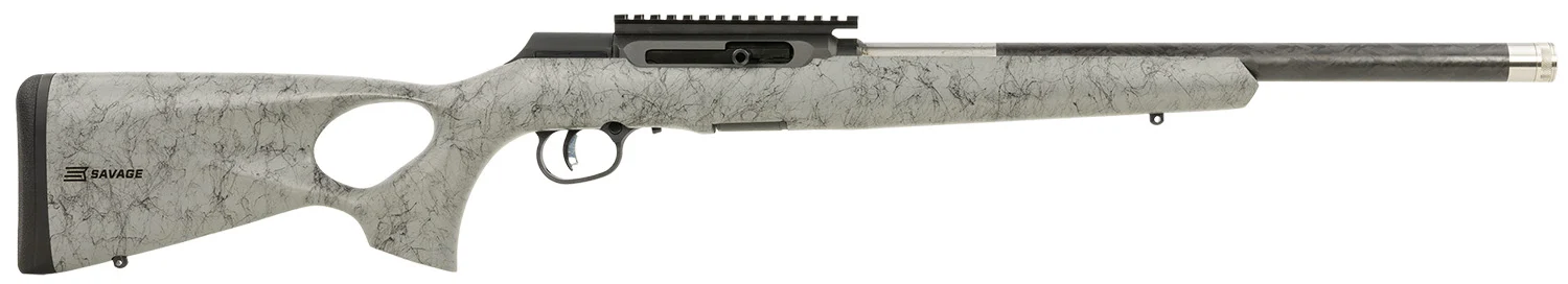 Savage Arms 47253 A Series TimberLite 22LR 10+1 18" Black Threaded Carbon Fiber/SS Barrel, Black Picatinny Rail Steel Receiver, Gray w/Black Webbing Synthetic Fixed Thumbhole Stock