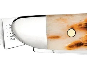 Case 00045 Peanut 2.10"/1.53" Folding Clip Point/Pen Plain Mirror Polished Tru-Sharp SS Blade, Peach Seed Jigged Amber Jigged Bone Handle