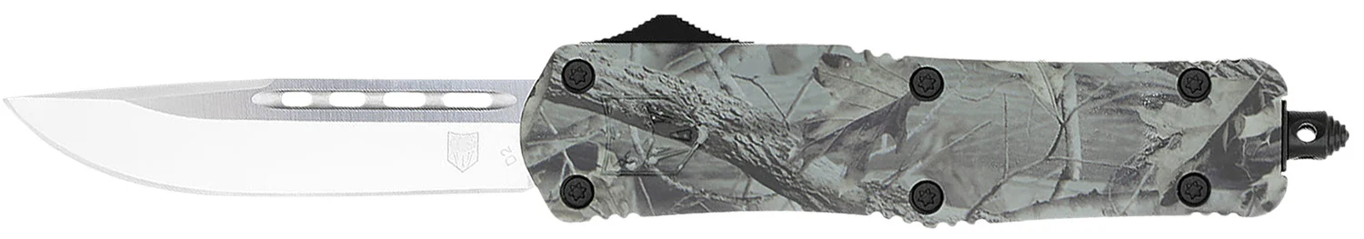 CobraTec Knives MWDFS3DNS FS-3 Medium 3" OTF Drop Point Plain D2 Steel Blade, 4.50" Woodland Camo Aluminum Alloy Handle