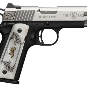Browning 051967492 1911 Black Label Medallion Compact 380 ACP 8+1 3.63" Matte Stainless Stainless Steel Barrel & Serrated Slide, Matte Black Polymer Frame w/Beavertail, White Imitation Pearl Grip