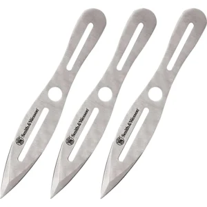 Smith & Wesson Knives SWTK10CP Bullseye Throwing Knives 5" Fixed Dual Edge Spear Point Plain 2Cr13MoV SS Blade, Stainless Steel Handle, Includes Sheath Set of 3, 10" OAL