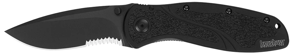 Kershaw 1670BLKST Blur 3.40" Folding Drop Point w/Recurve Part Serrated Black DLC 14C28N Steel Blade Black Anodized Aluminum Handle Includes Pocket Clip