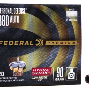 Federal PD380HS1H Premium Personal Defense Low Recoil 380ACP 90gr Hydra-Shok Jacketed Hollow Point 20 Per Box/10 Case