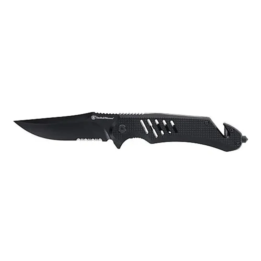 Smith & Wesson Extreme Ops Folding Knife 3-1/2" Clip Point Blade Black with Glass Breaker and Strap Cutter