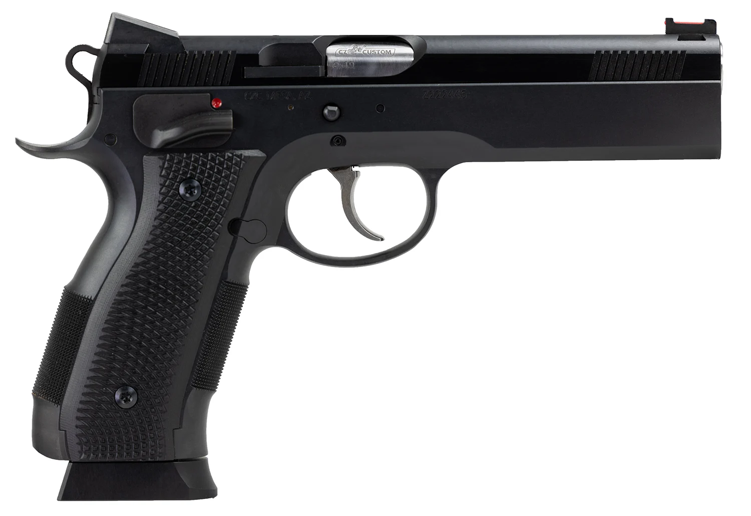 CZ-USA 91731 A01-LD Full Size Frame 9mm Luger 19+1 4.93" Black Match Grade Bull Barrel, Blued Serrated Steel Slide, Blued Steel Frame w/Beavertail, Black Checkered Polymer Grip