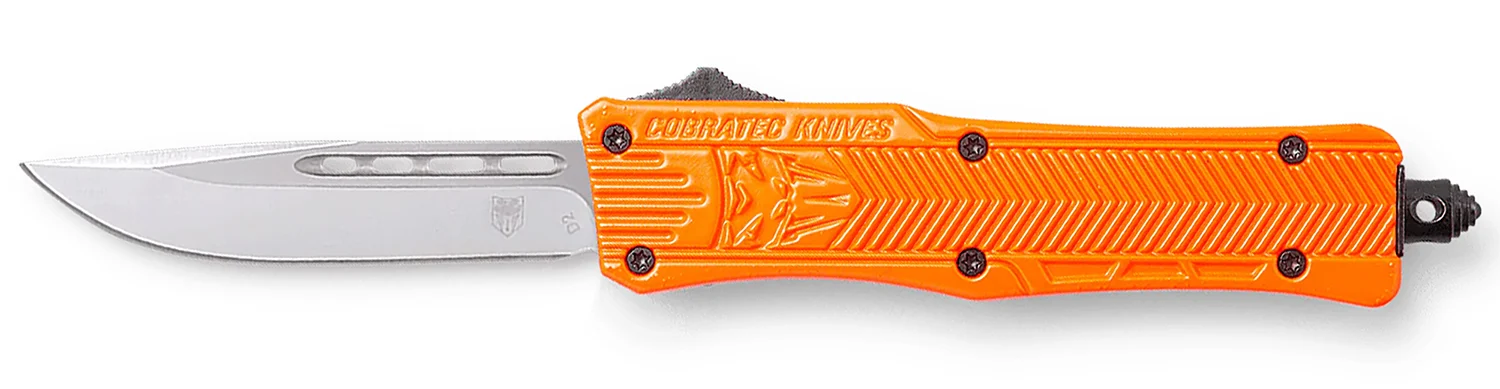 CobraTec Knives SORCTK1SDNS CTK-1 Small 2.75" OTF Drop Point Plain D2 Steel Blade/Orange Aluminum Handle Features Glass Breaker Includes Pocket Clip