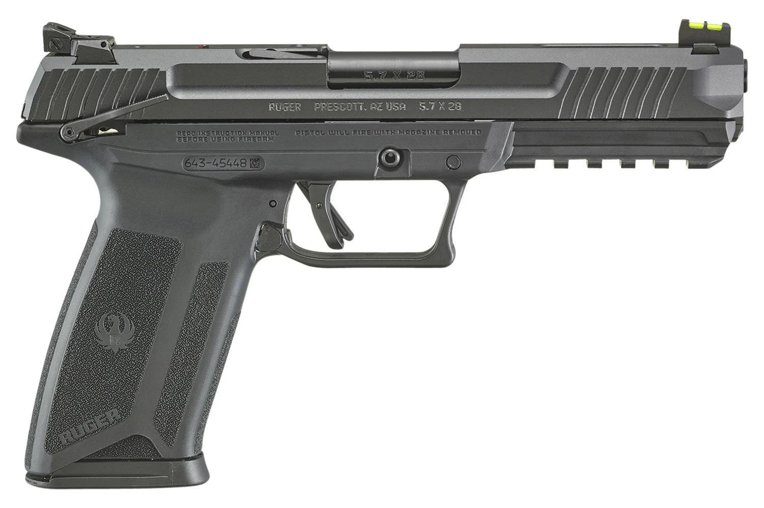 Ruger 16402 Ruger-5.7 5.7x28mm 4.94" Barrel 10+1, Black Polymer Frame With Picatinny Acc. Rail, Drilled & Tapped Lightening Cut Steel Slide, Ambidextrous Safety, Optics Ready