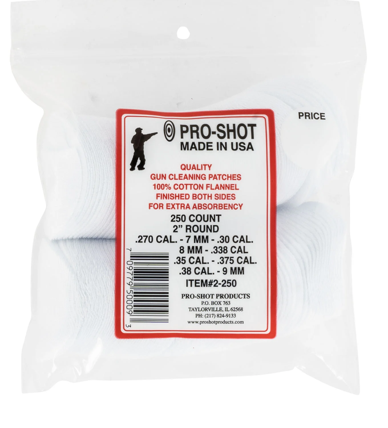 Pro-Shot 2250 Cleaning Patches .270 - .38 Cal 2" Round Cotton Flannel 250 Pack