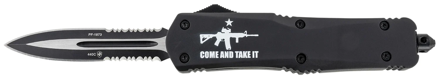 Templar Knife LAR15431 Gen II Come And Take It Large 3.50" OTF Dagger Part Serrated Black Oxide Stonewashed 440C SS Blade, 5.25" Black w/ "Come And Take It" AR-15 Gun Aluminum Handle, Glass Breaker