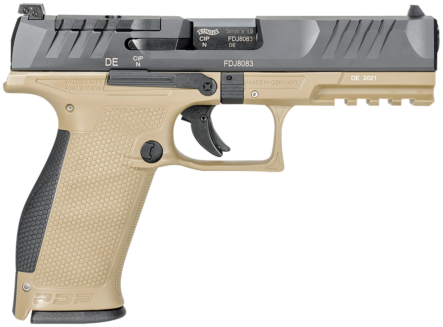 Walther Arms 2858380 PDP 9mm Luger 18+1 4.50" Black Polygonal Rifled Barrel, Black Optic Ready/Serrated Slide, Tan Polymer Frame w/Picatinny Rail, Black Performance Duty Texture Grips, Ambidextrous