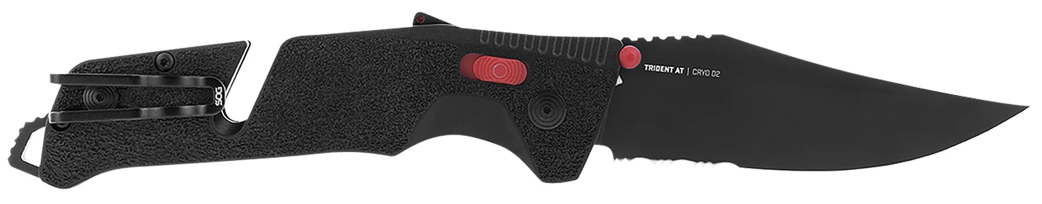 S.O.G SOG11120241 Trident AT 3.70" Folding Clip Point Part Serrated Black TiNi Cryo D2 Steel Blade/Black w/Red Accents GRN Handle Features Line Cutter/Glass Breaker
