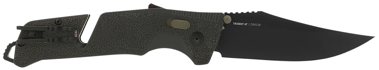 S.O.G SOG11120341 Trident AT 3.70" Folding Clip Point Plain Black TiNi Cryo D2 Steel Blade/Olive Drab w/FDE Accents GRN Handle Features Line Cutter/Glass Breaker