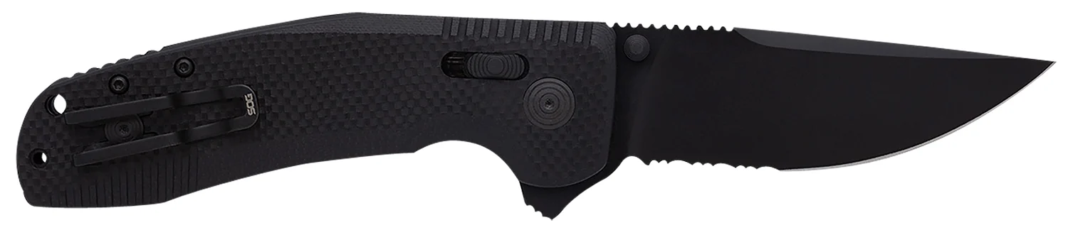 S.O.G SOG12380341 SOG-TAC XR 3.39" Folding Clip Point Part Serrated Black TiNi Cryo D2 Steel Blade Blackout G10 Handle Includes Pocket Clip