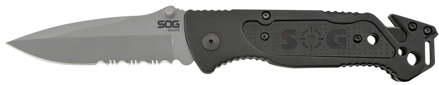 S.O.G SOG-FF24-CP Escape 3.40" Folding Clip Point Part Serrated Bead Blasted 9Cr18MoV SS Blade Black Anodized Aluminum Handle Includes Belt Clip