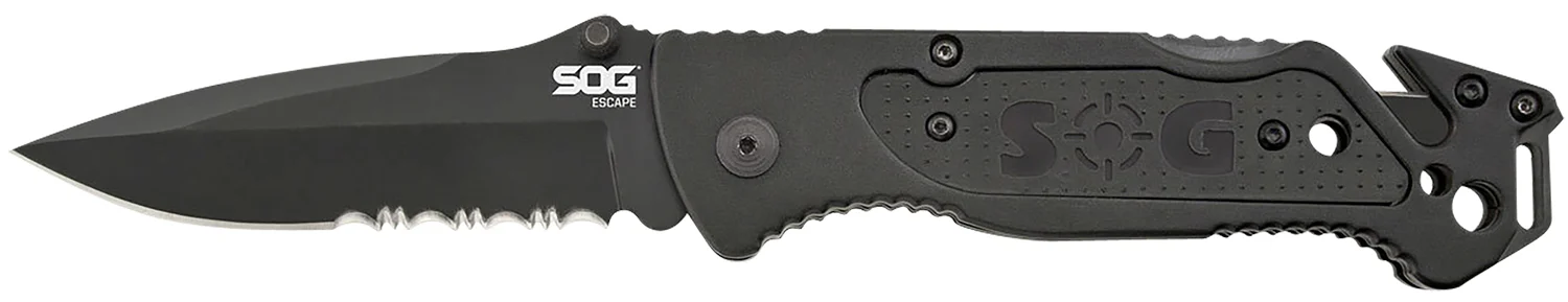 S.O.G SOGFF25CP Escape 3.40" Folding Clip Point Part Serrated Black Hardcased 9Cr18MoV SS Blade Black Anodized Aluminum Handle Includes Belt Clip