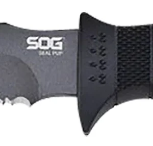 S.O.G SOGM37NCP Seal Pup  4.75" Fixed Clip Point Part Serrated Powder Coated AUS-8A SS Blade Black w/Raised Diamond Pattern GRN Handle Includes Lanyard/Sheath