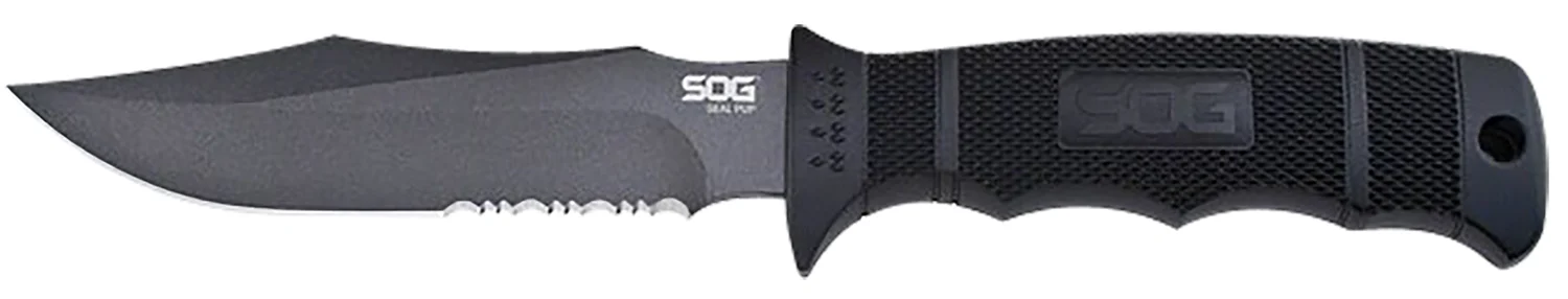 S.O.G SOGM37NCP Seal Pup 4.75" Fixed Clip Point Part Serrated Powder Coated AUS-8A SS Blade Black w/Raised Diamond Pattern GRN Handle Includes Lanyard/Sheath