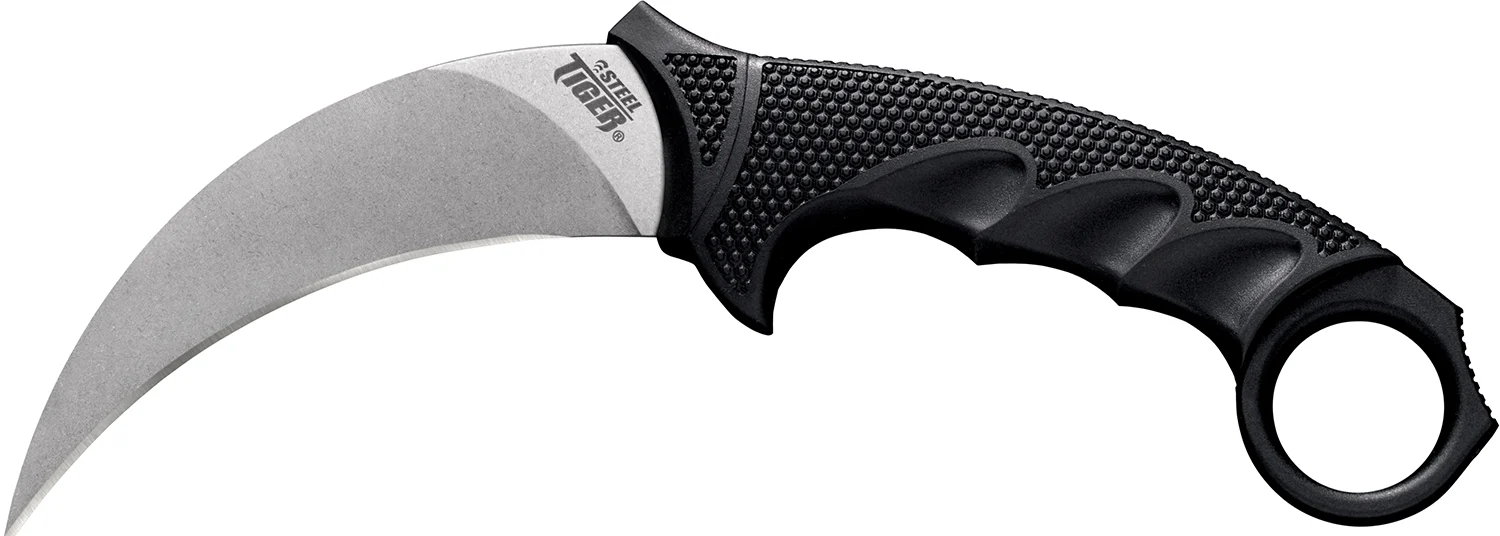 Cold Steel CS49KST Steel Tiger 4.75" Fixed Plain Stone Washed Japanese AUS-8A SS Blade/Black w/Thumb Shelf & Finger Ring Griv-Ex w/Overmold Kray-Ex Handle