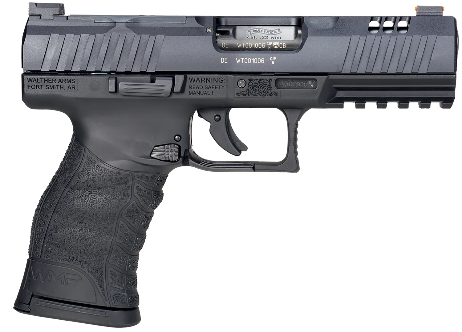 Walther Arms 5220300 WMP Optic Ready 22 WMR 15+1 4.50" Stainless Steel Barrel, Black Optic Ready/Serrated Slide, Black Polymer Frame w/Picatinny Rail, Black Polymer Grip, Ambidextrous