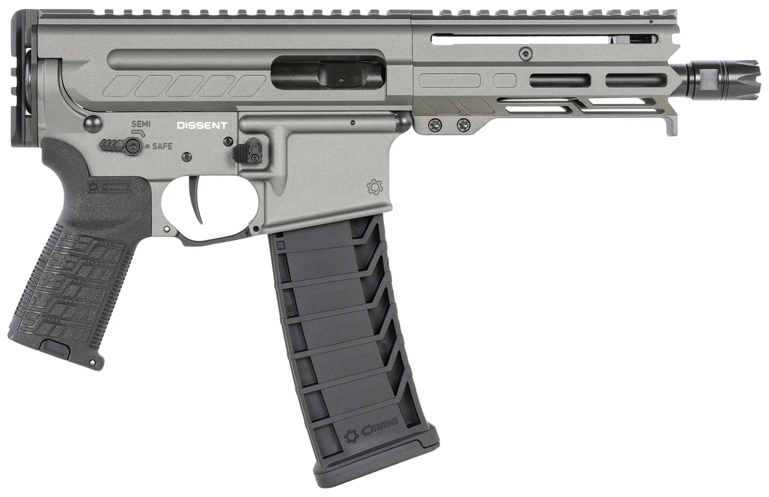 CMMG 94A6867TNG Dissent MK4 9mm Luger 33+1 6.50", Tungsten Gray Rec, Picatinny Brace Adapter, 5.50" M-LOK Handguard, Left Side Charging Handle, Zeroed Linear Comp, Zeroed Drop-In Single Stage Trigger