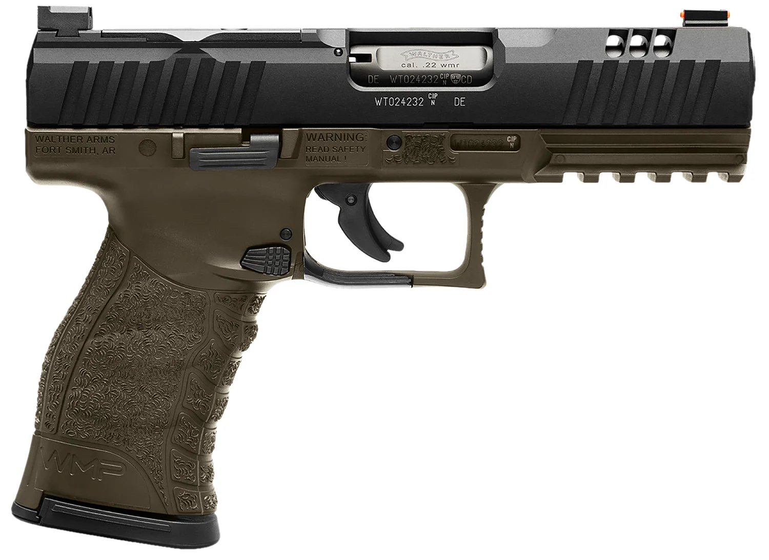 Walther Arms 5220307 WMP Full Size Frame 22 WMR 15+1 4.50" Black Steel Barrel, Black Optic Ready/Serrated Slide, OD Green Polymer Frame w/Picatinny Rail, Textured Polymer Grip