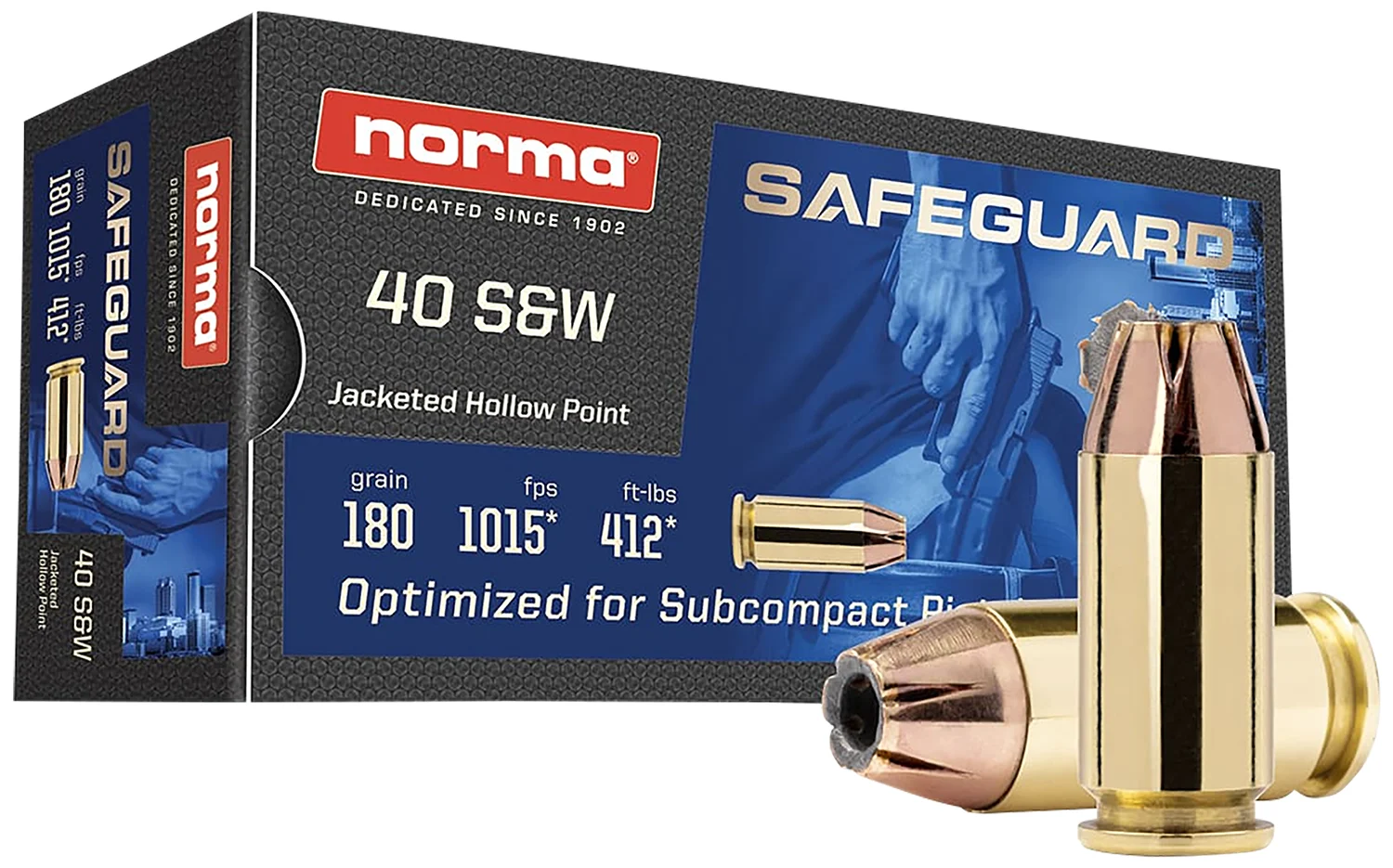 Norma Ammunition 801407727 Safeguard 40S&W 180gr Jacketed Hollow Point 50 Per Box/20 Case