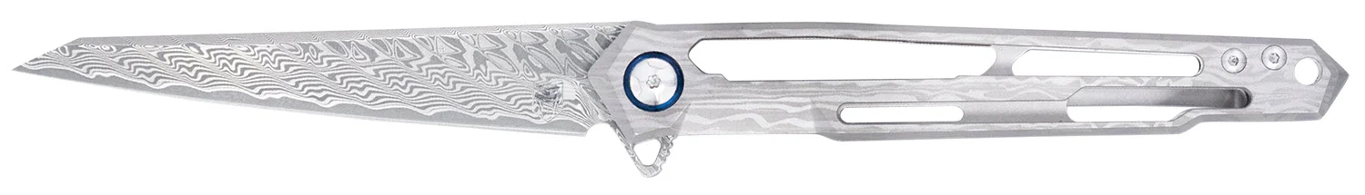 CobraTec Knives CTGSTDAMWNS Ghost 3.88" Folding Wharncliffe Plain Damascus Blade, 4.94" Cut Out Titanium Handle