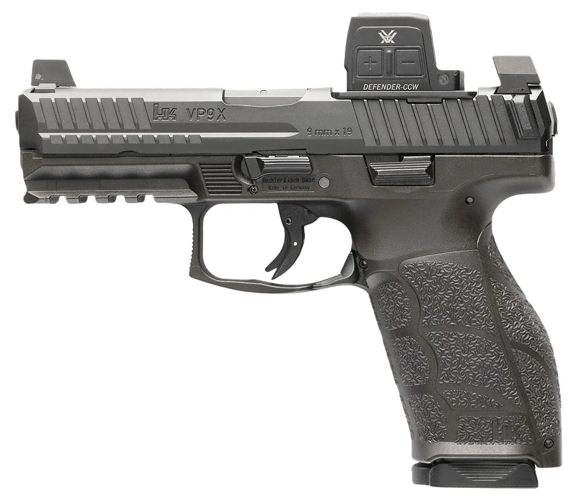 HK 81001356 VP9A1 X w/Optic Full Size Frame 9mm Luger 10+1 4.09" Black Barrel, Black Steel Serrated w/Optic Slide, Black Polymer Frame w/Picatinny Rail, Textured Grip, Vortex CCW