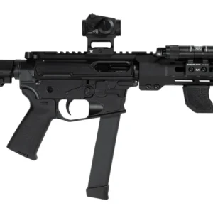 Shark Coast Tactical SCC06704SPBO9-D Sneeky Pete Deluxe w/Optic 9mm Luger 30+1 5.50" Black Melonite Threaded Barrel, Black Cerakote Receiver, SB Tactical SBA3 Brace, Vortex Crossfire Red Dot, Streamli