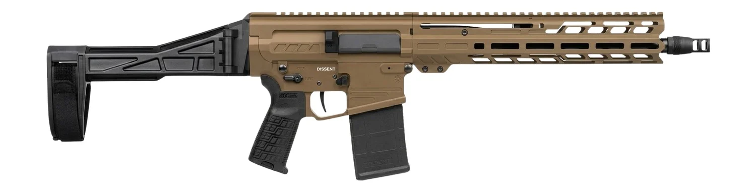 CMMG 33A380C-CT Dissent Mk3 8.6 Blackout 20+1 12.50" Black Nitride Threaded Barrel, Coyote Tan Cerakote Aluminum Receiver w/Picatinny Rail, M-LOK Handguard, Black Polymer SB Tactical Folding Brace, CM