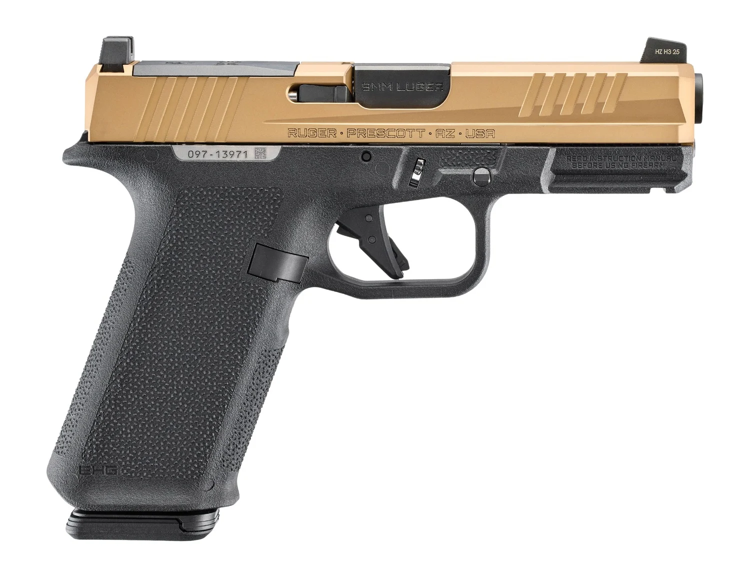 Ruger 19498 RXM 9mm Luger 17+1 4" Black FNC Nitride Barrel, Copper PVD Alloy Steel Optic Ready Slide, Black Polymer Frame w/Accessory Rail, Magpul EHG Grip, RMR/RMSc/DPP Footprint