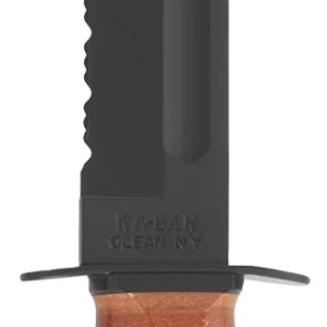 Ka-Bar 1218 USMC Fight/Utility 7" Fixed Clip Point Part Serrated Black 1095 Cro-Van Blade. Brown Leather Handle. Includes Sheath